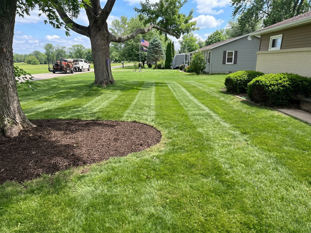 Residential front yard with clean mowing stripes, mulched tree bed, and American flag in the background.