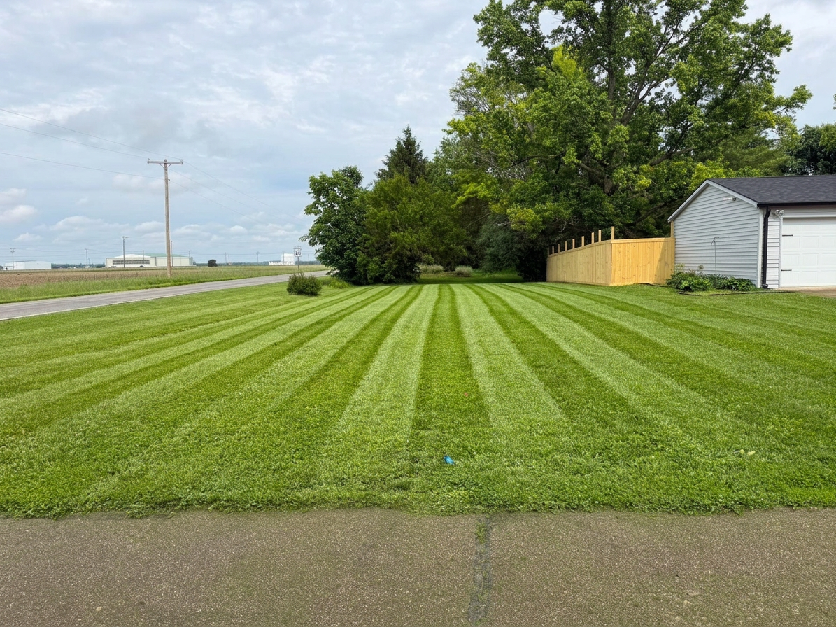 Wide residential yard with clean parallel mowing stripes alongside a garage and fence.