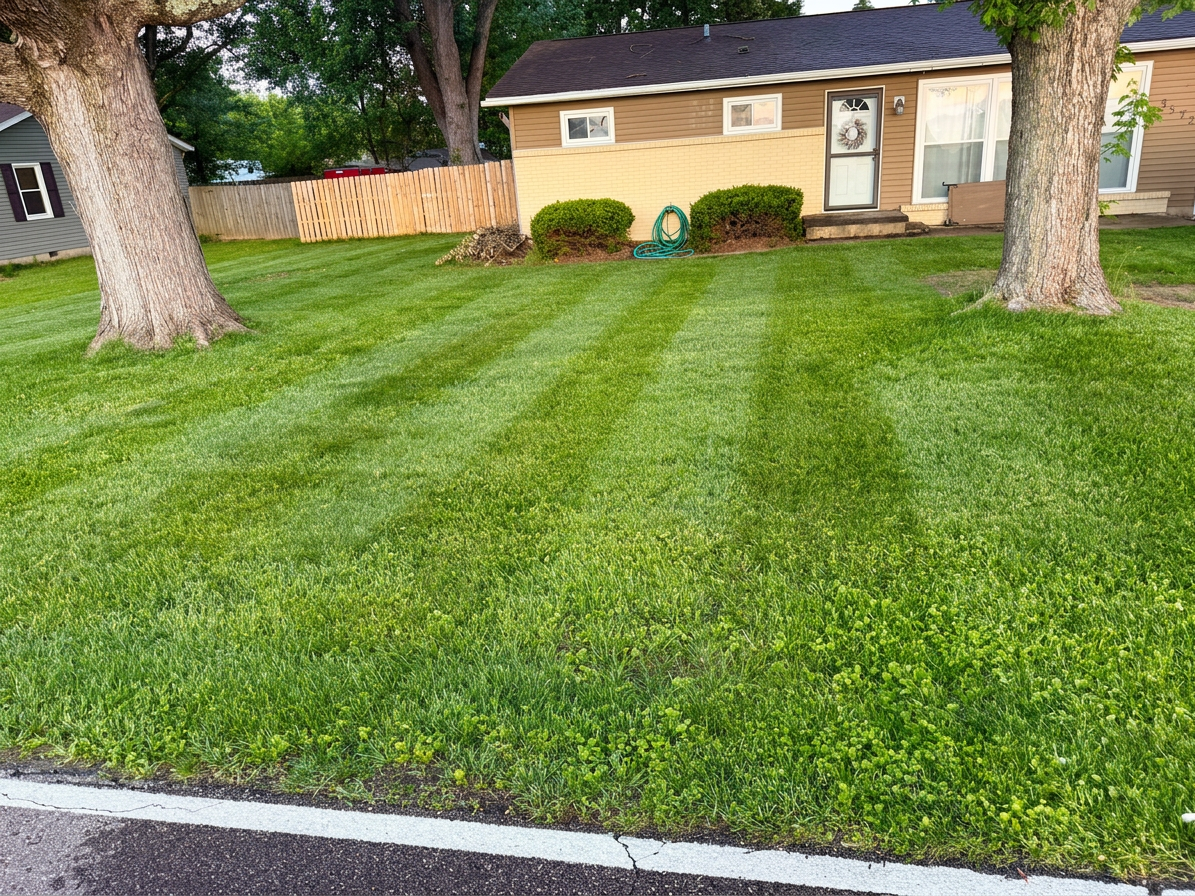 Suburban front yard with two mature trees mowed in clean parallel stripes.